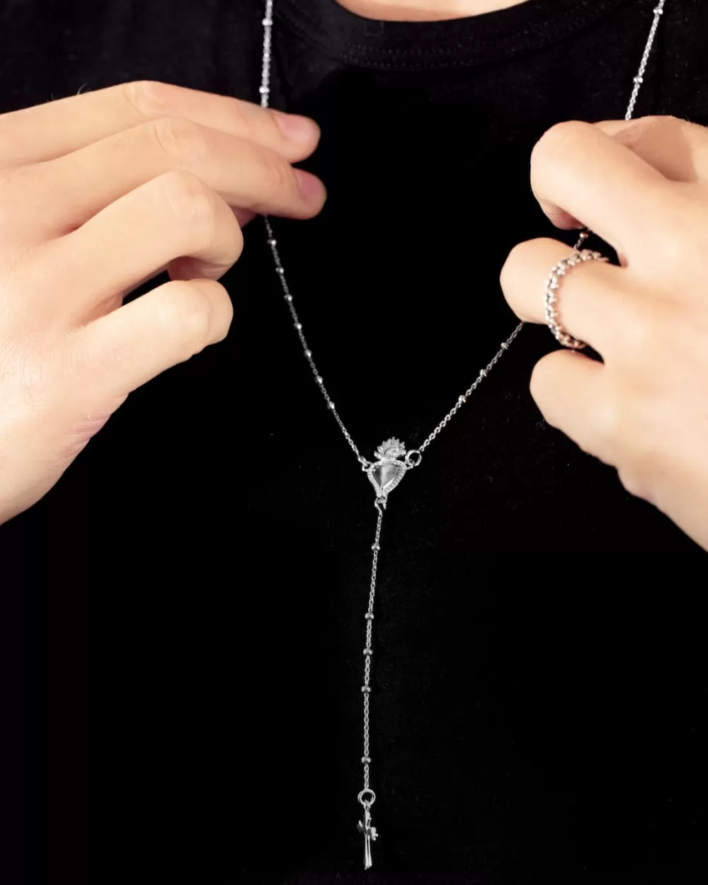 Nove25 Collana Rosario Cuore Ex-Voto E Croce Gotica
